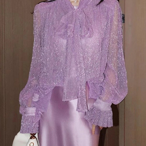 Load image into Gallery viewer, Solid Spliced Lace Up Loose Blouses For Women Scarf Collar Long Sleeve Minimalsit Shirts Female Fashion Style New
