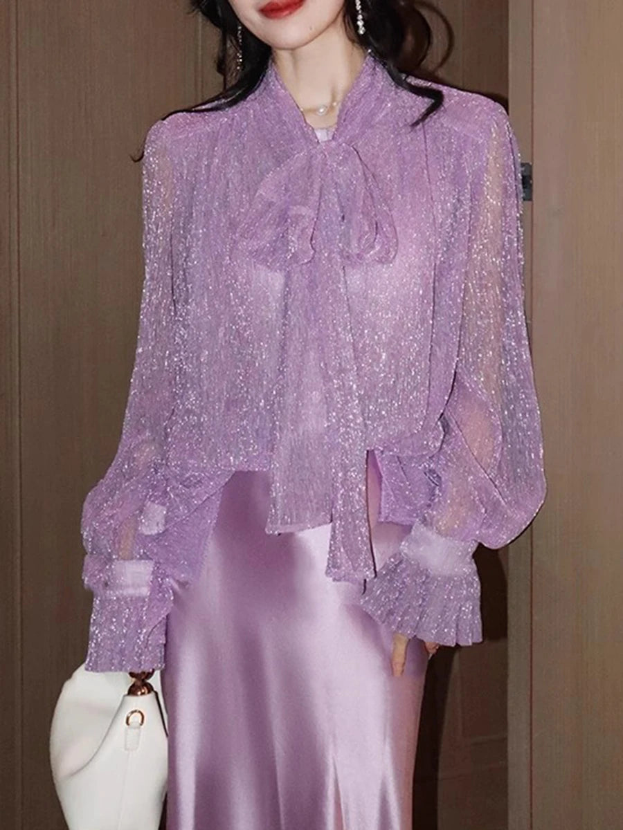 Solid Spliced Lace Up Loose Blouses For Women Scarf Collar Long Sleeve Minimalsit Shirts Female Fashion Style New