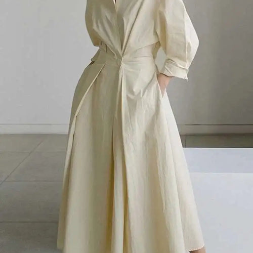 Load image into Gallery viewer, Women Beige Pleated Long Big Size Elegant Dress New Lapel Long Sleeve Loose Fit Fashion Tide Spring Autumn 2025 1DE91400
