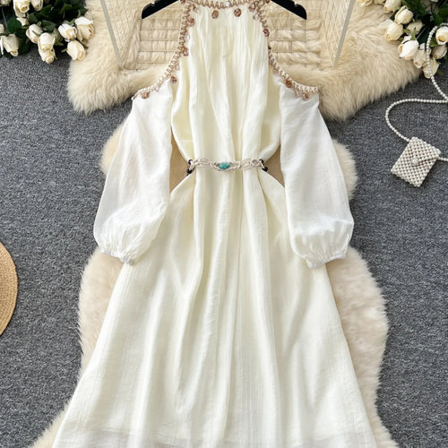 Load image into Gallery viewer, French Women Beige Elegant Long Sleeved Lace-up Pleated Dresses Spring High Waist Sexy Off Shoulder Vacation Party Dress Popular
