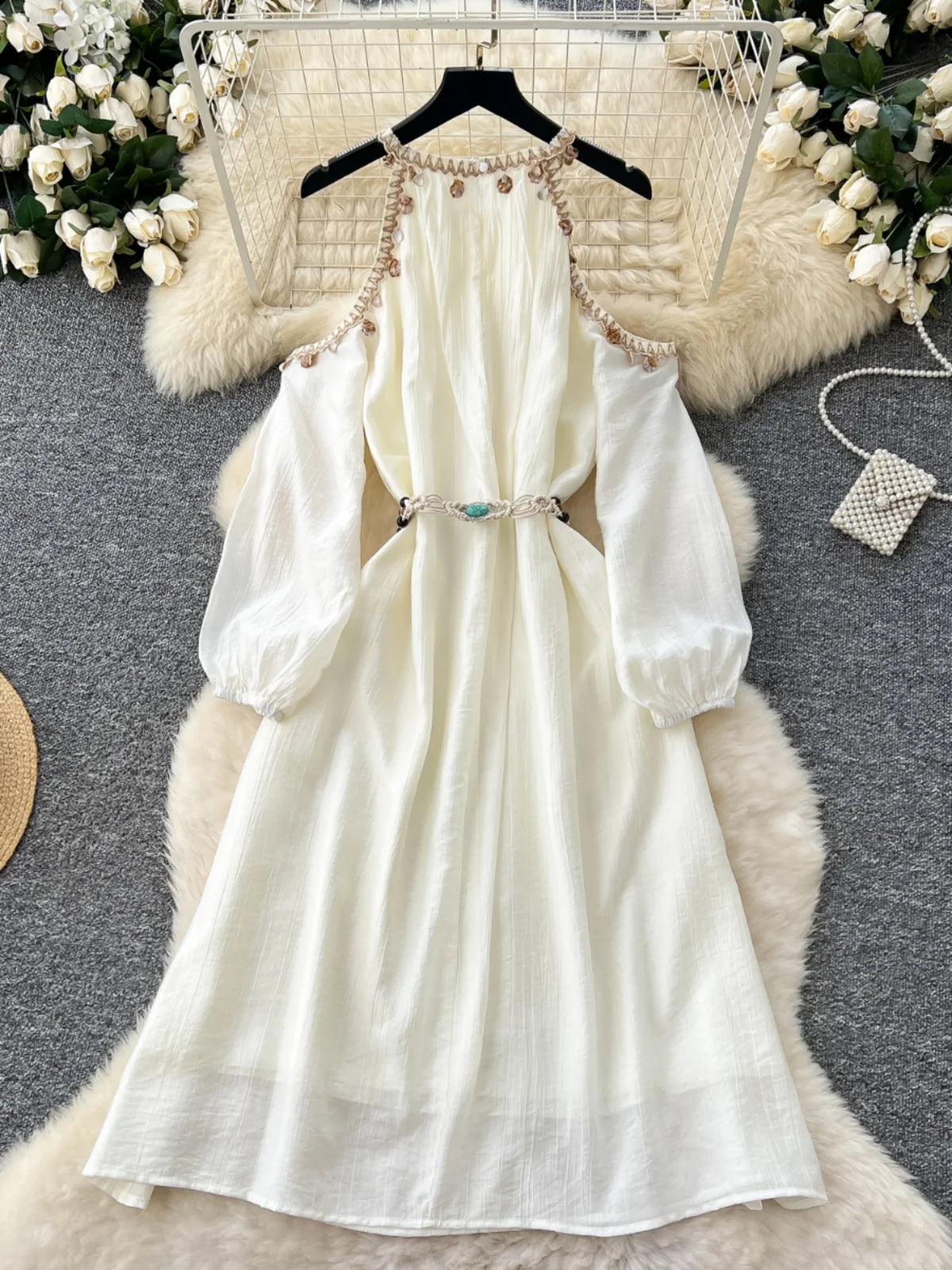 French Women Beige Elegant Long Sleeved Lace-up Pleated Dresses Spring High Waist Sexy Off Shoulder Vacation Party Dress Popular