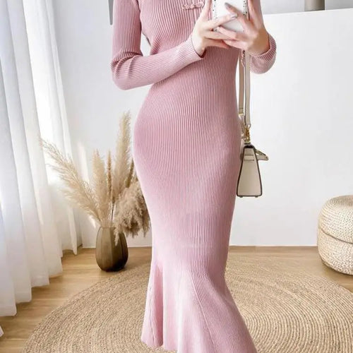 Load image into Gallery viewer, Autumn Winter Chinese Style Women's Solid Bottom Long Sleeved Dress Retro Hollow Out Wrap Hip Knitwear Fishtail Dress 2024 Trend
