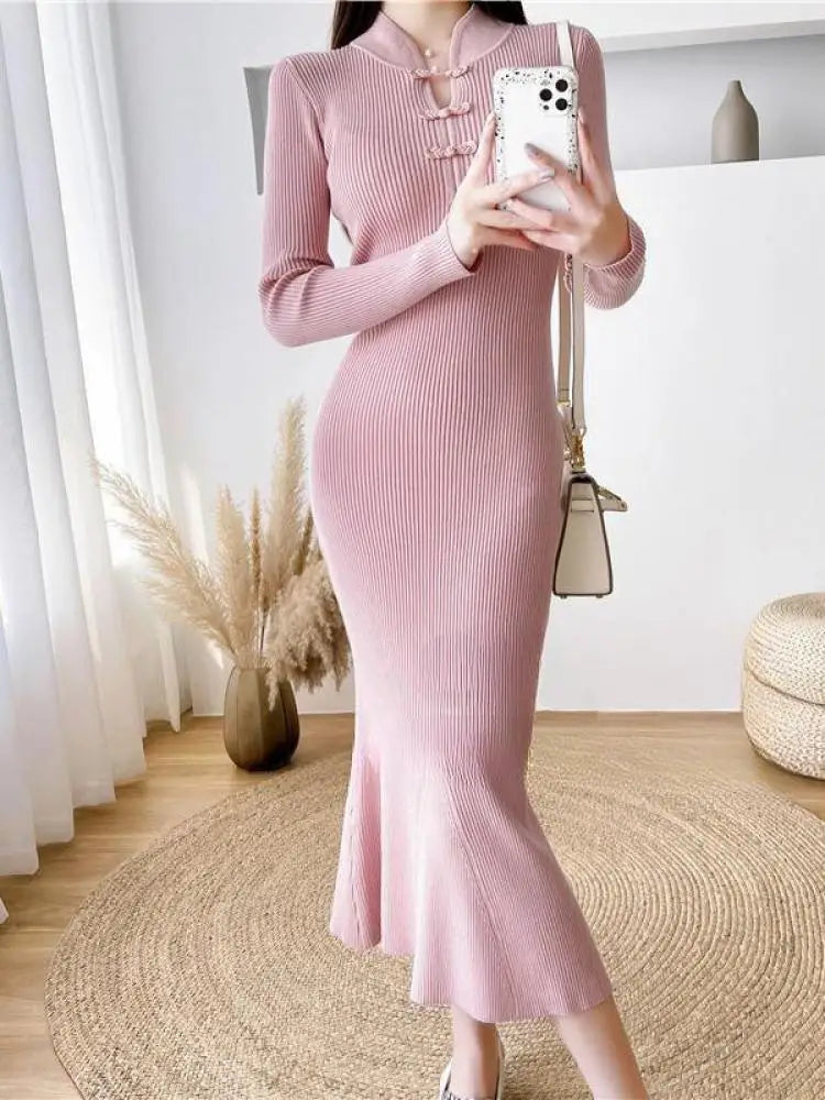Autumn Winter Chinese Style Women's Solid Bottom Long Sleeved Dress Retro Hollow Out Wrap Hip Knitwear Fishtail Dress 2024 Trend