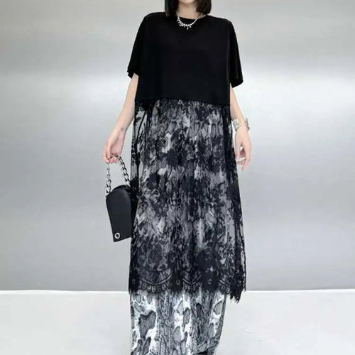 Load image into Gallery viewer, Women Black Hem Lace Perspective Big Size Midi Dress New Round Neck Short Sleeve Fashion Tide Spring Summer 2025 1DH6140
