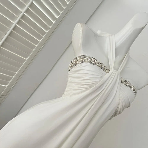 Load image into Gallery viewer, Summer French White Pearl Strapless Bandage Backless Short Dresses Women Vintage Elegant Sexy Club Sleeveless Party Dress Ladies
