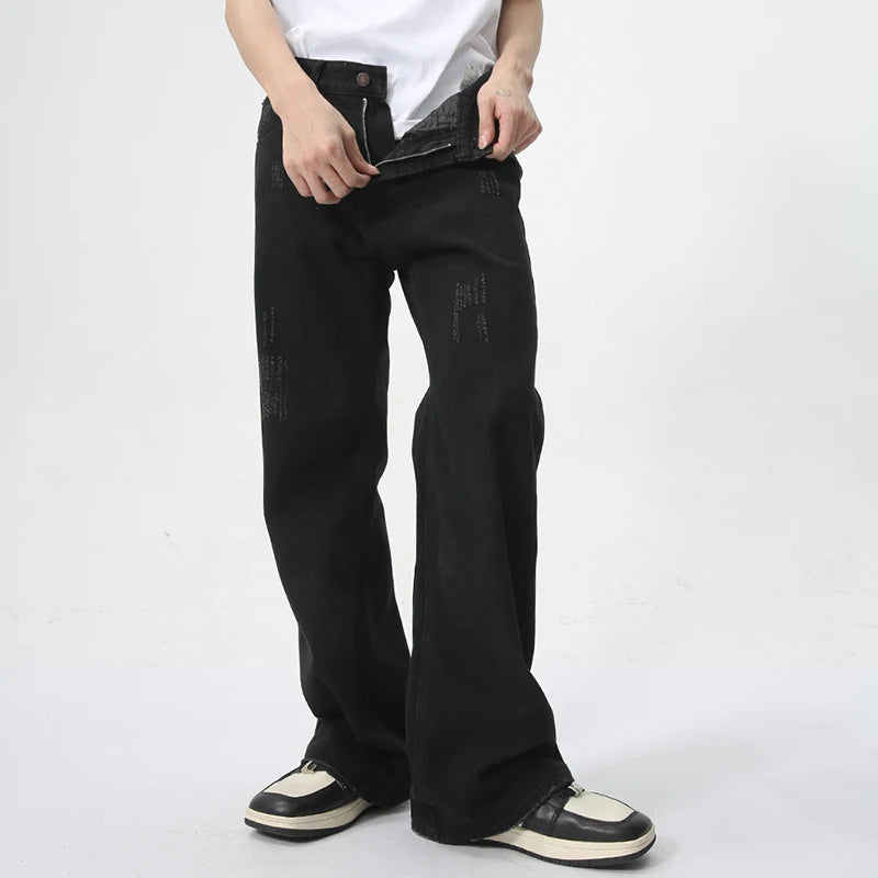 American High Street Flare Pants Denim Cat Beard Worn Out Design Simple Solid Color Zipper Male Jeans Summer 9C6174