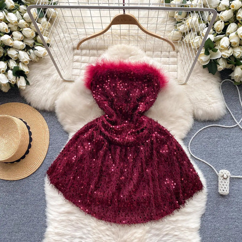 Load image into Gallery viewer, Black Sequin Plush Slim Mini Dress Women Christmas New Year Party Luxury Celebrity Evening Strapless Dress Sexy Club Red Dresses
