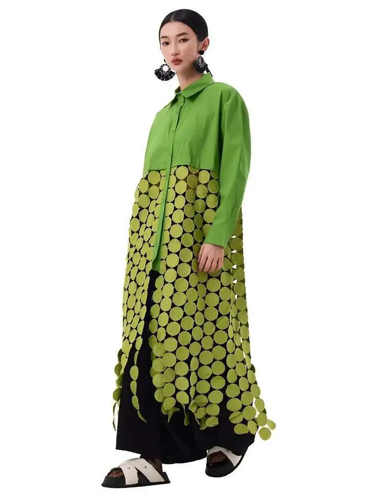 Women White Dot Tassels Hollow Out Midi Big Size Shirt Dress New Lapel Long Sleeve Fashion Tide Spring Autumn 2025 1DH9464