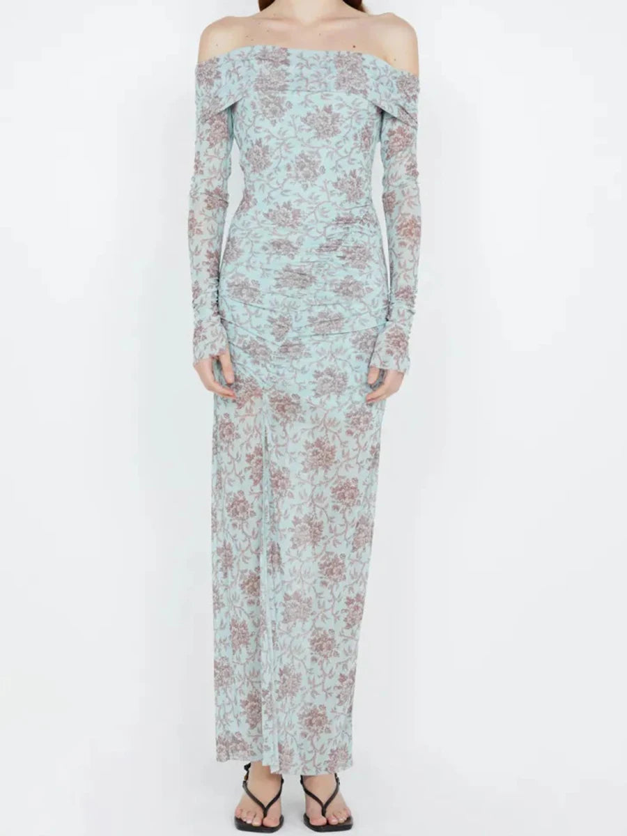 Hit Color Printing Slimming Dresses For Women Slash Neck Long Sleeve High Waist Temperament Dress Female Fashion