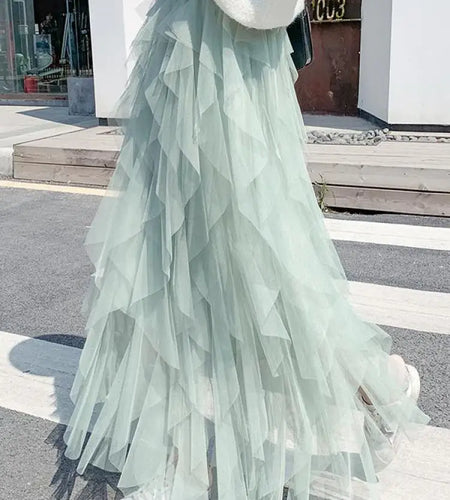 Spring Summer French Fashion Vintage Solid Mesh Slim Fairy Long Skirt Women High Waist Elegant Party Pleated A-line Skirt Simple