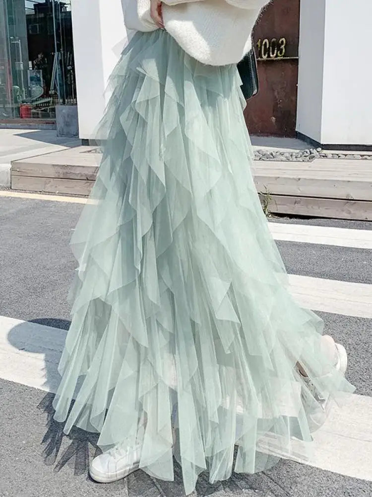 Spring Summer French Fashion Vintage Solid Mesh Slim Fairy Long Skirt Women High Waist Elegant Party Pleated A-line Skirt Simple