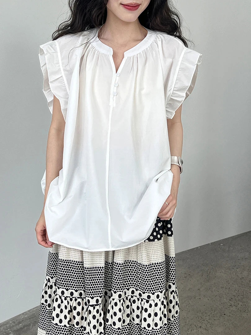 Women Green Purple Ruffles Big Size Elegant Blouse New V-Neck Sleeveless Shirt Fashion Tide Spring Summer 2025 1DJ1563