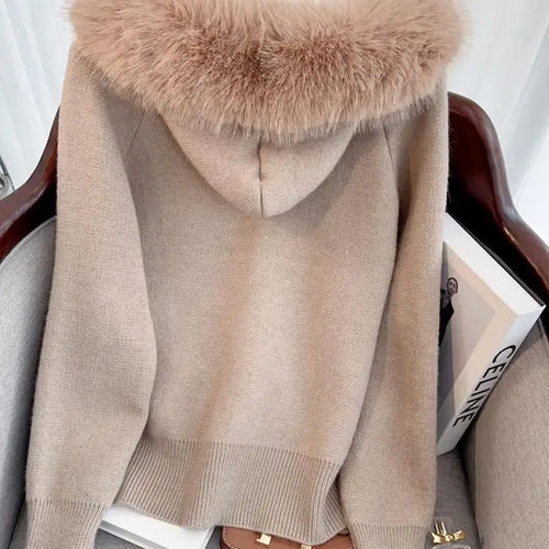 Load image into Gallery viewer, French Fashion Women Solid Long Sleeve Knitted Sweater 2024 New Autumn Winter Ladies Hairy Neck Hooded Zipper Cardigan Tops Chic
