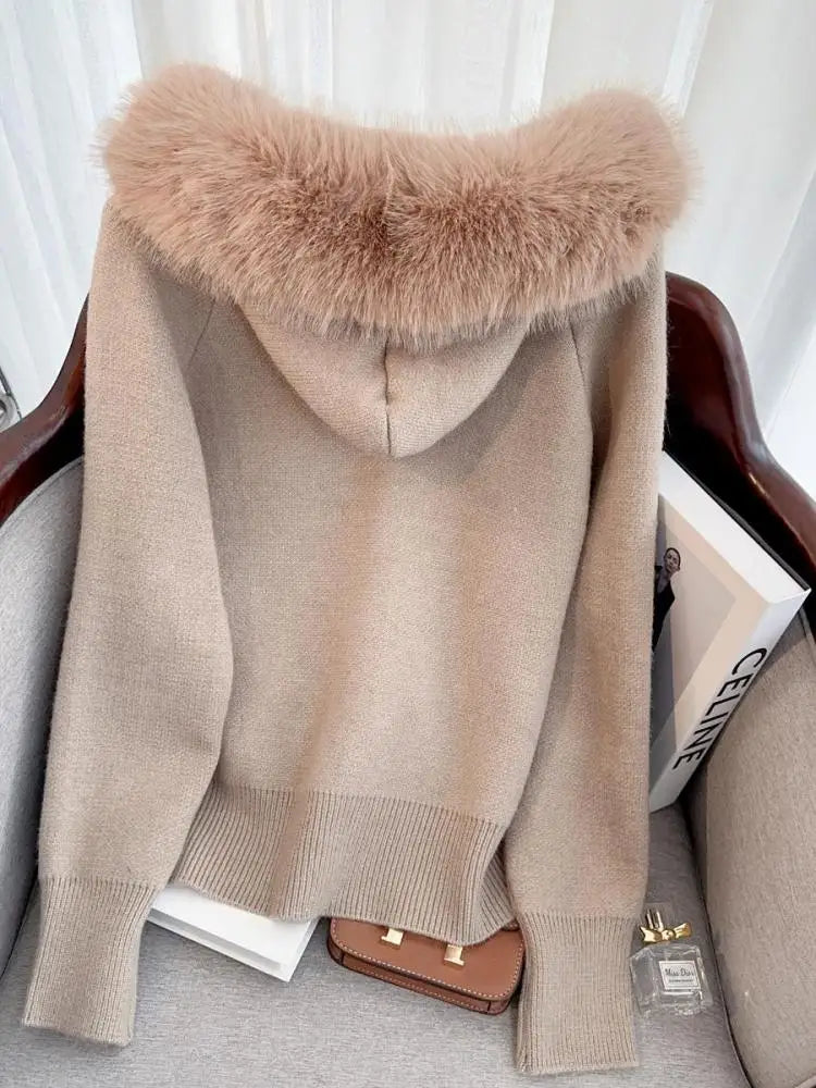 French Fashion Women Solid Long Sleeve Knitted Sweater 2024 New Autumn Winter Ladies Hairy Neck Hooded Zipper Cardigan Tops Chic