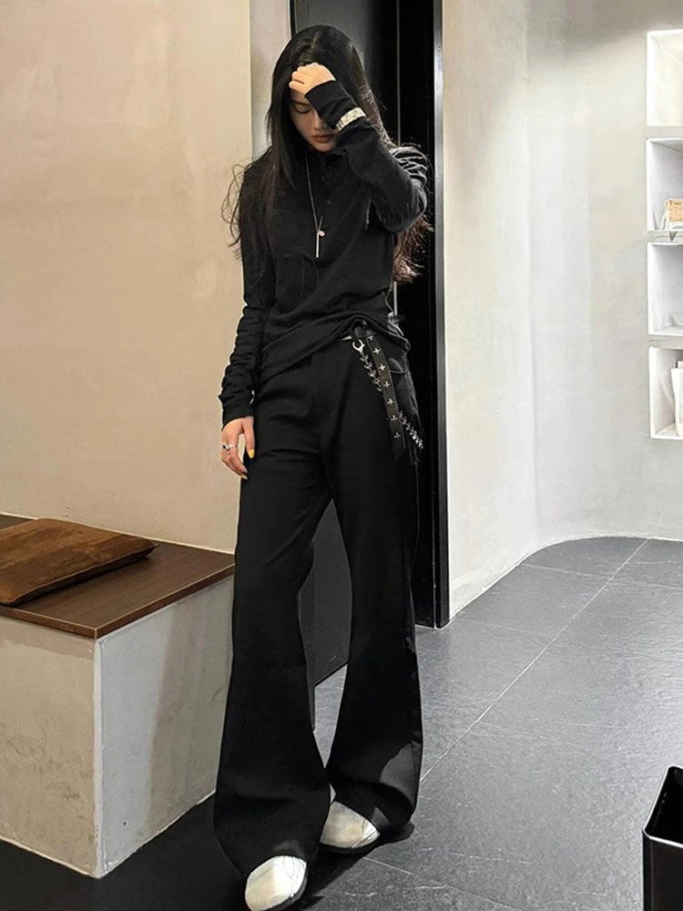 2025 Women Streetwear Embroidery Grunge T-shirts Loose Single Breasted Autumn Black Tops Y2k Aesthetic Casual Style Vintage Tees