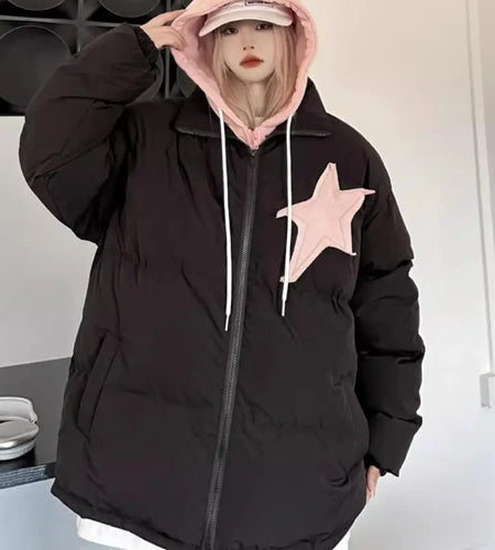 Winter Retro Thick Black Patchwork Jacket Korean Clothes Women Long Sleeves Hooded Cotton Parkas Ladies Zipper Coat Streetwear