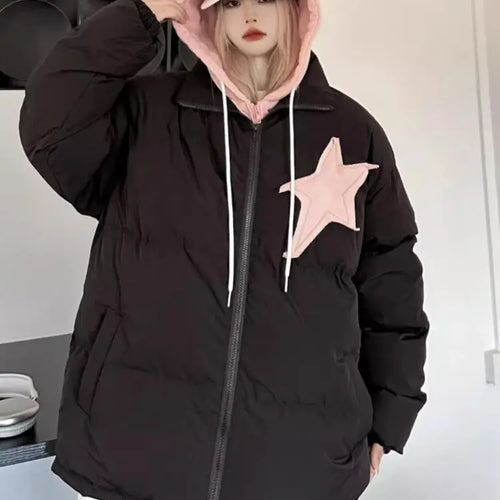 Load image into Gallery viewer, Winter Retro Thick Black Patchwork Jacket Korean Clothes Women Long Sleeves Hooded Cotton Parkas Ladies Zipper Coat Streetwear
