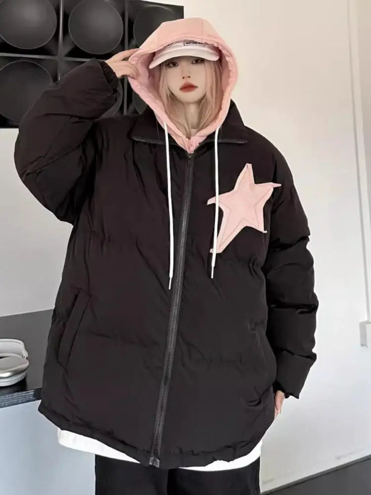 Winter Retro Thick Black Patchwork Jacket Korean Clothes Women Long Sleeves Hooded Cotton Parkas Ladies Zipper Coat Streetwear