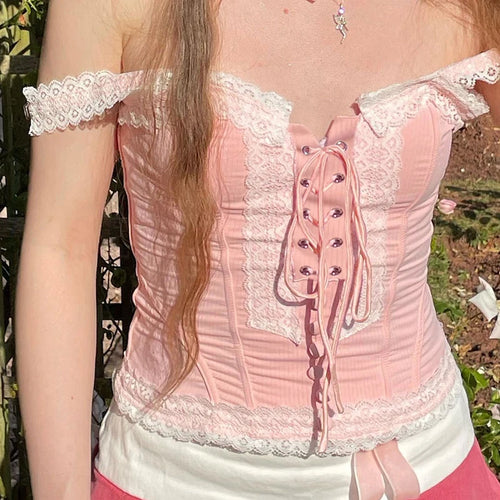 Load image into Gallery viewer, Sweet Pink French Chic Corset Top Women Coquette Clothes Fashion Lace Spliced Sexy Party Tops Tank Y2K Tie Up Korean
