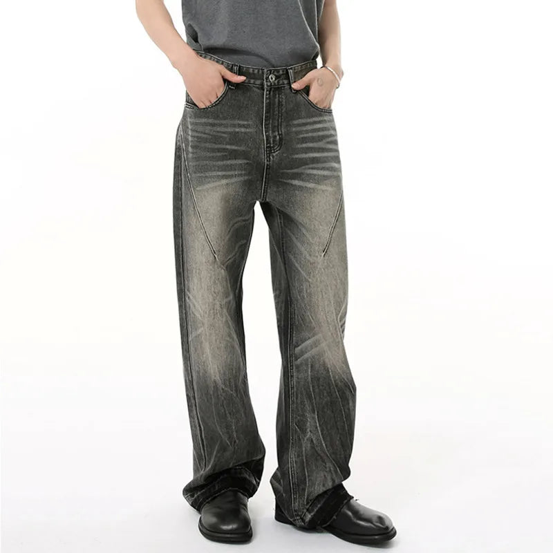 Men's Jeans New Summer American Style Washed Cat Whiskers Design Curved Knife Wide Leg Trendy Casual Male Clothing 9W1687