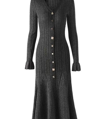 French Autumn 2024 New Women's Black Beige Single Breasted Temperament Knitted Dress Elegant Slim Office Lady Long Sleeve Dress
