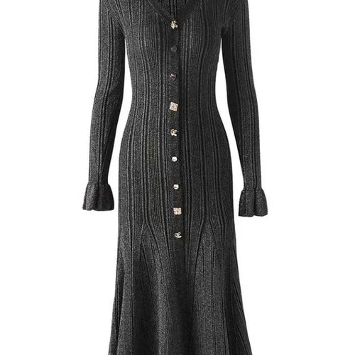 Load image into Gallery viewer, French Autumn 2024 New Women's Black Beige Single Breasted Temperament Knitted Dress Elegant Slim Office Lady Long Sleeve Dress
