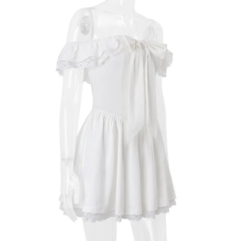 Off-shoulder Backless Sexy Mini Dress Women Robe Fashion White Strapless Sleeveless High Waist Lace Club Dress Female