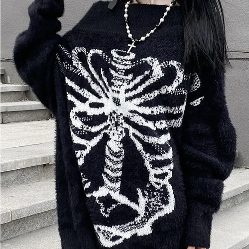 Load image into Gallery viewer, Grunge Sweater Fashion Streetwear Y2k Aesthetic Blackpullover Skull Print Gothc Women Jumper Harajuku Loose Knitwear
