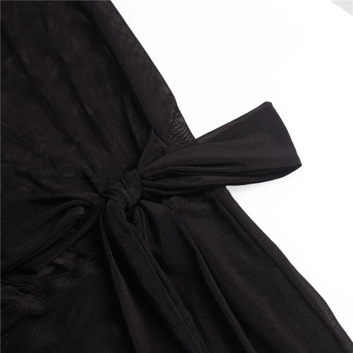 Load image into Gallery viewer, Mesh See Through Sexy Mini Dress For Women Black Sheer Mesh Deep V Neck Long Sleeve Backless Draped Ruched Dress
