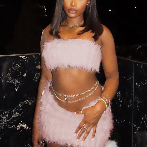 Load image into Gallery viewer, Furry 2 Piece Matching Sets Strapless Sexy Slim Cute Crop Top Mini Skirt Winter Women Elegant Outfits Birthday Festival
