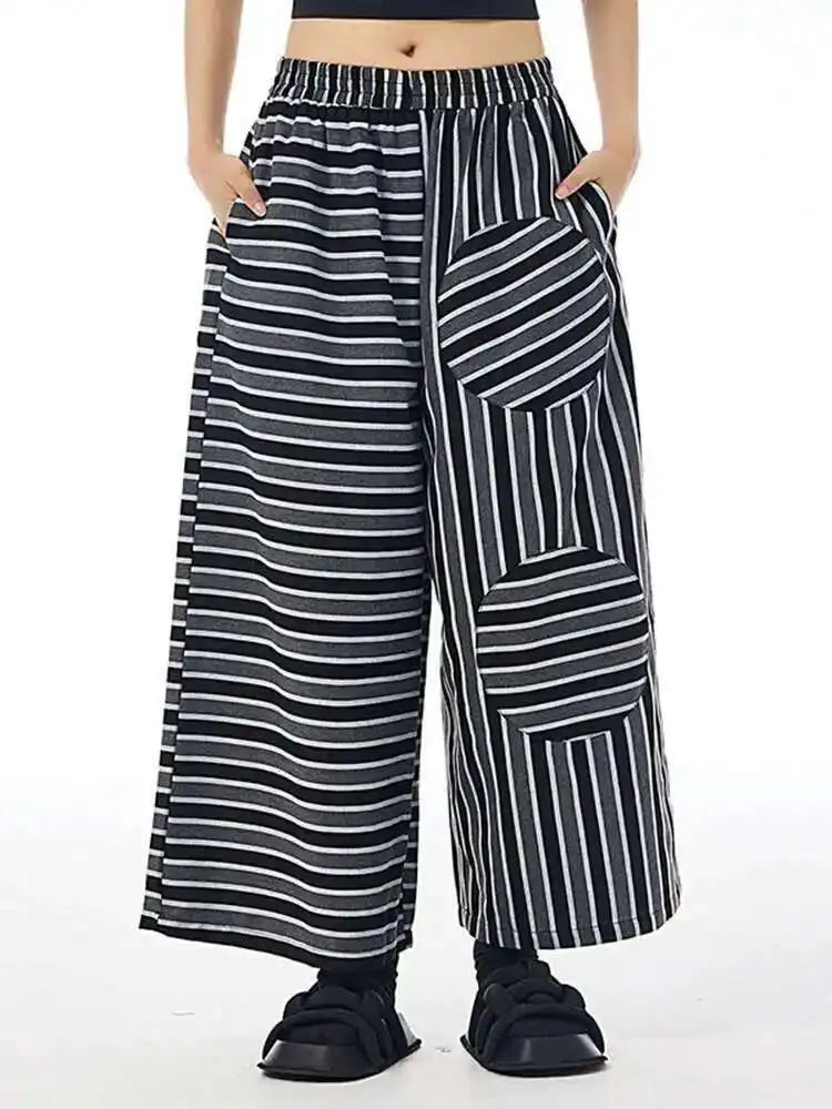High Elastic Waist Black Striped Spliced Long Wide Leg Pants New Trousers Women Fashion Tide Spring Autumn 2025 1DH7545