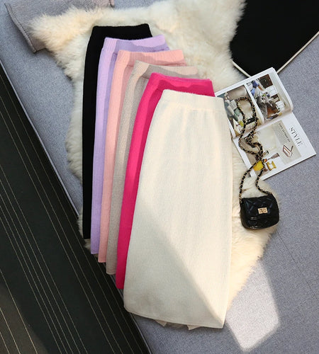 Fashion Elegant Casual Skirts Women Autumn Winter New High Waist Knitted Split Long Solid Color Skirt Keep Warm Thicken Female