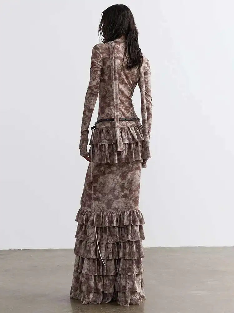 Women Beige Hollow Out Bandge Ruffles Long Elegant Dress New V-Neck Long Sleeve Fashion Tide Spring Autumn 2025 1DH4719