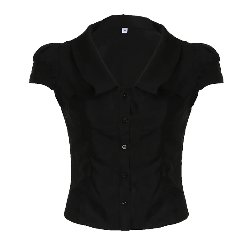 Fashion Chic Slim Black Women Blouse Top Cropped Buttons-Up Gothic Dark Design Summer Shirt Cardigans Casual Korean