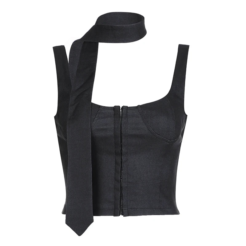 Elegant Chic Party Tank Top Female Pins Up Fashion Short Corset Top Streetwear Club Bustiers With Tie Sleeveless Hot