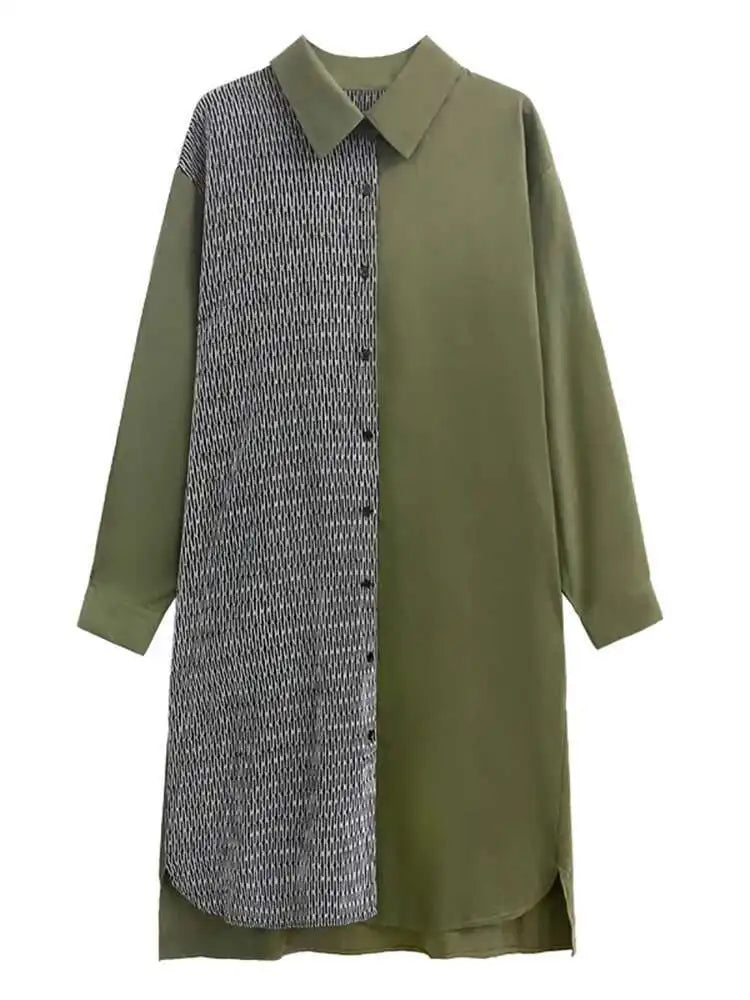 Women Black Color-block Big Size Midi Shirt Dress New Lapel Long Sleeve Loose Fit Fashion Tide Spring Autumn 2025 1DH2095