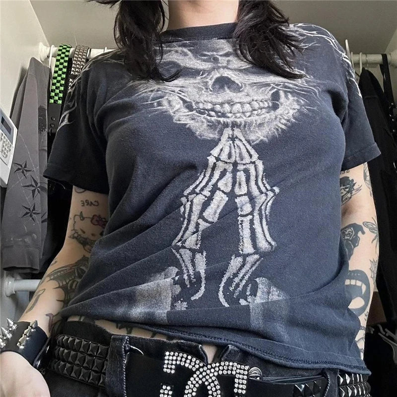 Gothic Punk T Shirt 2000s Women Graphic Print Round Neck Short Sleeve Tees Grungecore Clothing Cyber y2k Top Streetwear