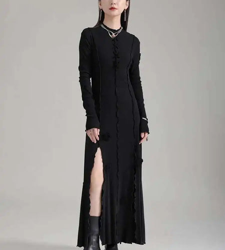 Women Black Flower Elegant Slit Long Dress New Turtleneck Long Sleeve Loose Fit Fashion Tide Spring Autumn 2025 1DH1870