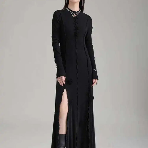 Load image into Gallery viewer, Women Black Flower Elegant Slit Long Dress New Turtleneck Long Sleeve Loose Fit Fashion Tide Spring Autumn 2025 1DH1870
