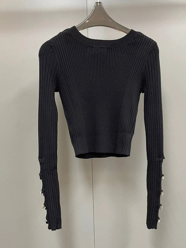 Slim Knitting Sweater For Women Round Neck Long Sleeve Patchwork Sequin Cut Out Solid Minimalist Pullover Females