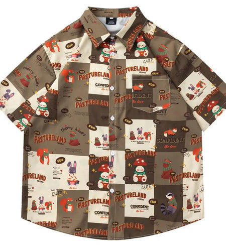 Summer Harajuku Shirts Harajuku Cartoon Graphic Printed Button Up Beach Blouse Streetwear Men Casual Baggy Short Sleeve Tops