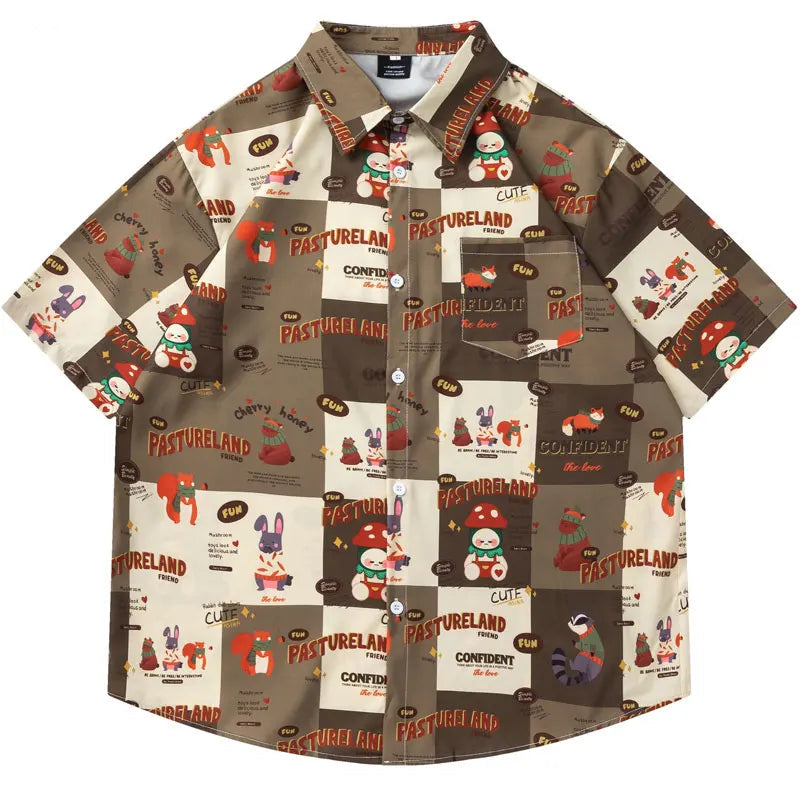 Summer Harajuku Shirts Harajuku Cartoon Graphic Printed Button Up Beach Blouse Streetwear Men Casual Baggy Short Sleeve Tops