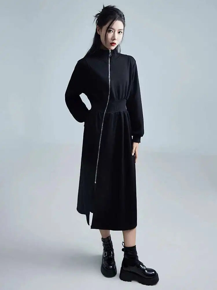 Women Black Zipper Slit Big Size Midi Dress New Half High Collar Long Sleeve Loose Fit Fashion Spring Autumn 2025 1DH2442