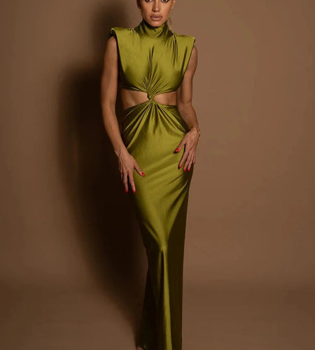 Hollow Out Turtleneck Sexy Maxi Dress For Women Fashion Solid Sleeveless Bodycon Tank Dresses Femme Club Party Dress