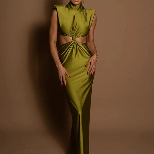 Load image into Gallery viewer, Hollow Out Turtleneck Sexy Maxi Dress For Women Fashion Solid Sleeveless Bodycon Tank Dresses Femme Club Party Dress
