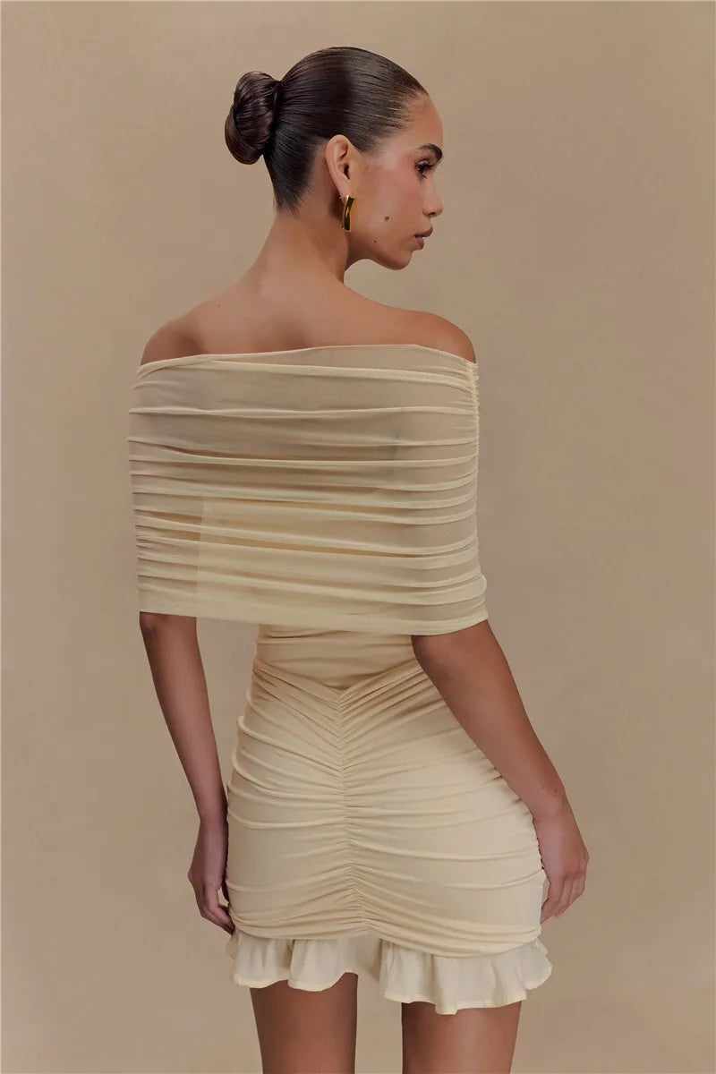 Mesh Strapless Off-shoulder Sexy Ruffled Mini Dress For Women Fashion Backless High Waist Female Ruched Party Dress