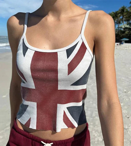 Summer Crop Top Women y2k Clothing Flag Print Spaghetti Strap Sleeveless Camisole Tanks 2000s Vest Casual Streetwear