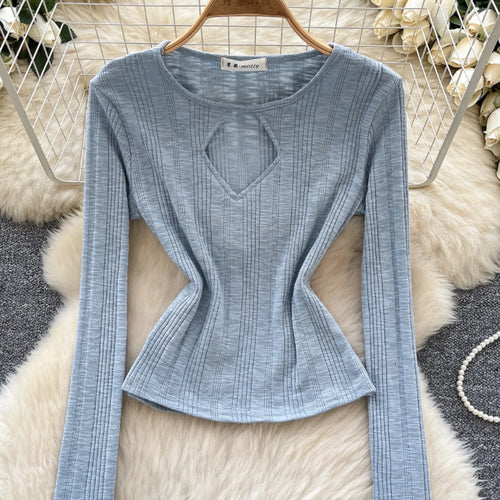 Load image into Gallery viewer, Vintage Fashion Women's Solid Long Sleeved Hollow Out Slim Short T Shirt 2025 Spring Elegant Versatile Ladies Festival Tops Chic
