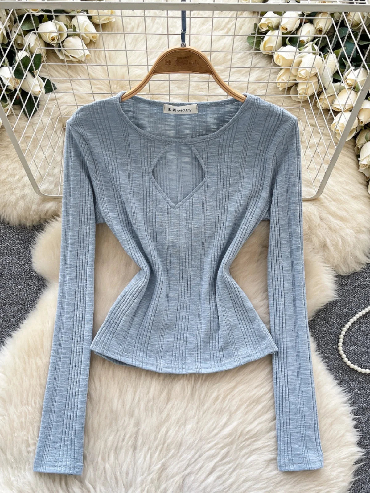 Vintage Fashion Women's Solid Long Sleeved Hollow Out Slim Short T Shirt 2025 Spring Elegant Versatile Ladies Festival Tops Chic
