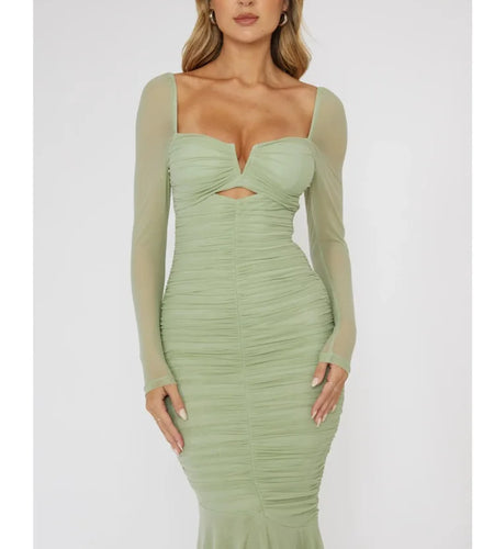 Fashion Mesh Patchwork Long Sleeved Dress Women's Double Fold Bandage Slim Fit Vesidos Elegant Party Evening Dress 2024